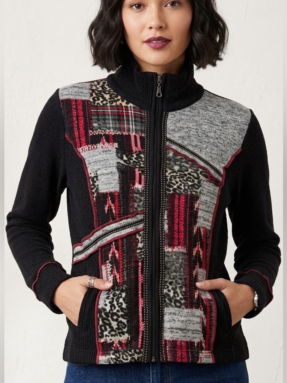 Bali Full Zip Sweater Jacket Patchwork Geometric Animal Print Black Boho